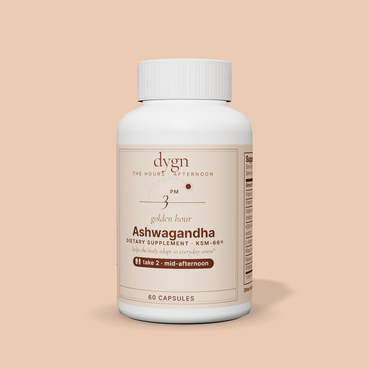 golden hour KSM-66 Ashwagandha dietary supplement bottle by dygn, 60 capsules