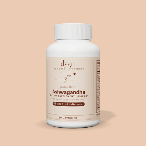golden hour KSM-66 Ashwagandha dietary supplement bottle by dygn, 60 capsules