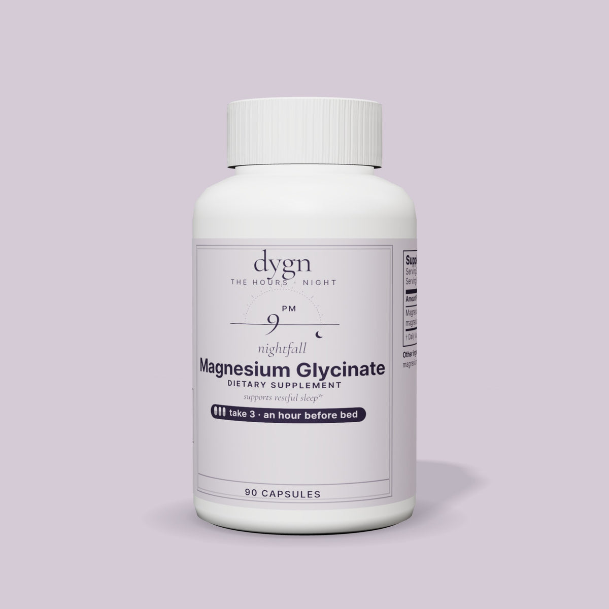 nightfall Magnesium Glycinate dietary supplement bottle by dygn, 90 capsules